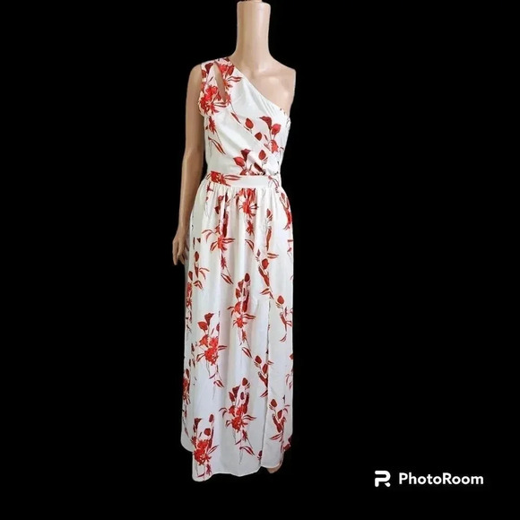 SILKY RED WHITE FLORAL 1 SHOULDER MAXI DRESS SUNDRESS~S/L ZIP - Picture 6 of 7